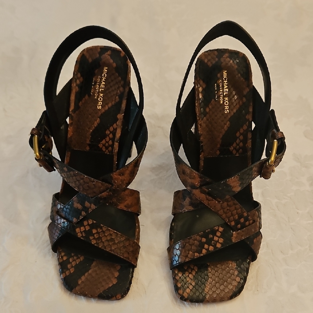 Michael Kors Collection Black and Brown Snakeskin 4" Sandals.  Women's Size 8